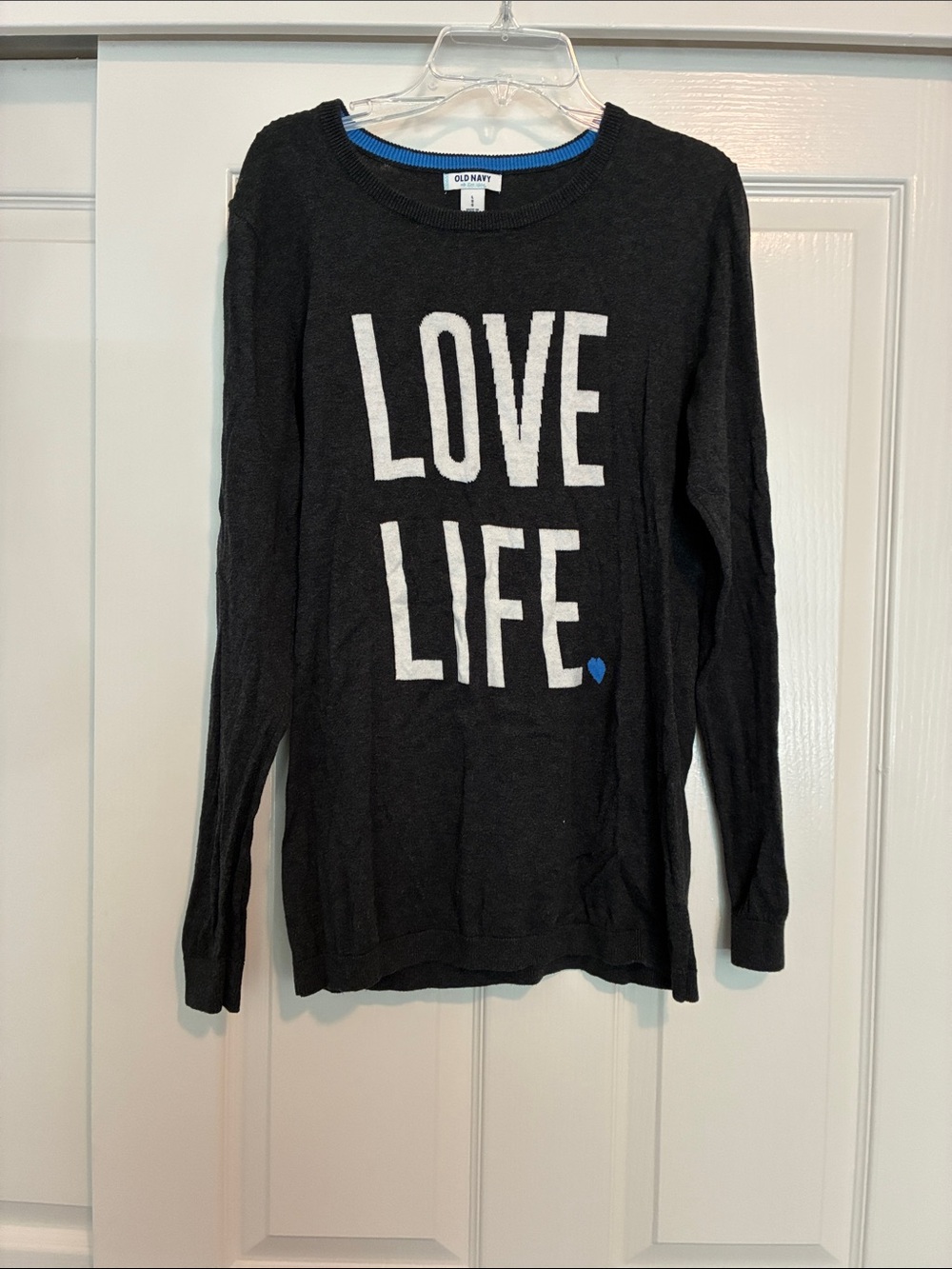 Old Navy Black Crewneck Sweater with White "LOVE LIFE" Text